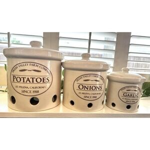 Farmhouse Potato Onion Garlic Canister Set 3 Ceramic Vented Storage